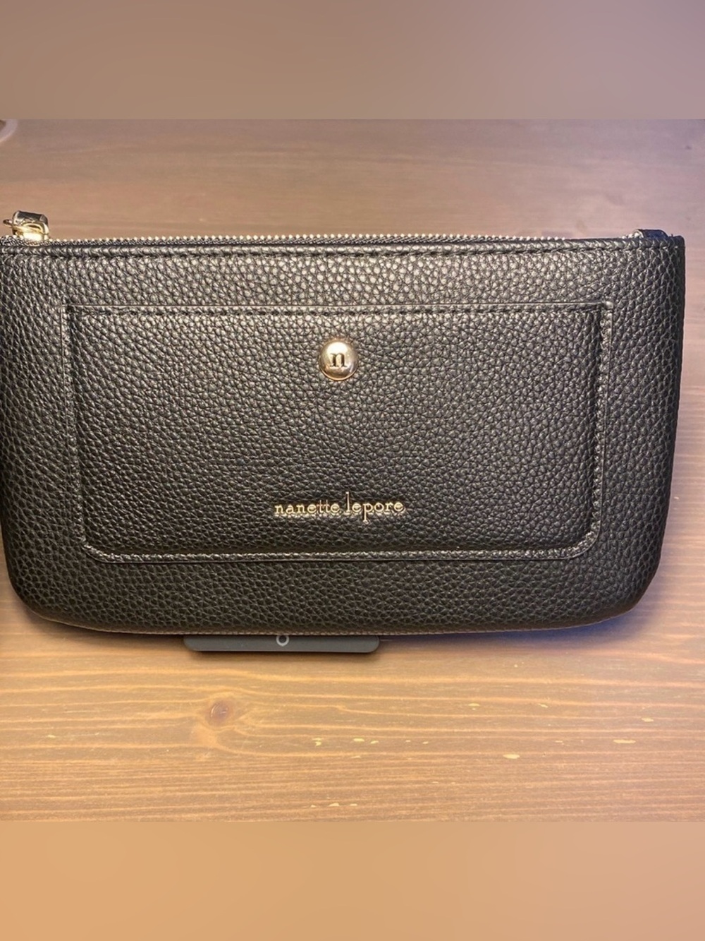 Nanette Lepore Black Vegan Leather Wristlet Zip Pouch Bracelet Wallet NWT